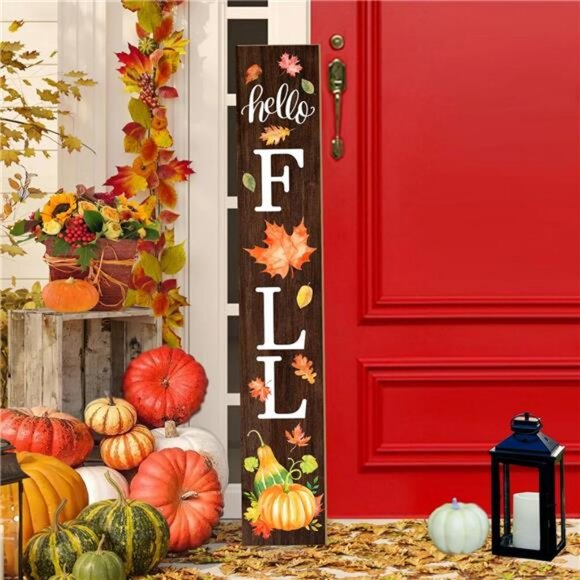 Hello Fall Welcome Sign for Front Porch Standing, Wooden Porch Sign with Leaves - Picture 1 of 8
